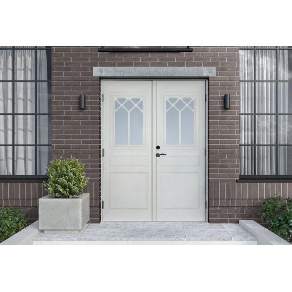 Dobbel ytterdr Oppdals med klart glass + Karmskruepakke