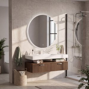 Baderomsm�bel 120 cm m�rkebrun med rundt LED-speil og keramisk vask
