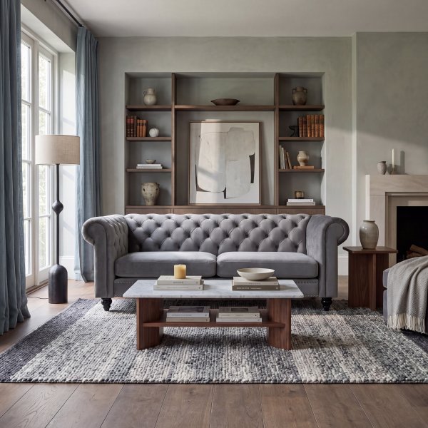 Chesterfield sofa i fl�yel - gr� 3-seter interi�r og m�bler - 219x88x78 cm