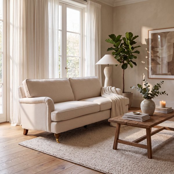 Beige 3-seters sofa 210 cm bred med messinghjul - Howard Watford Deluxe Beige 3-seters sofa 210 cm bred med messinghjul - Howard Watford Deluxe