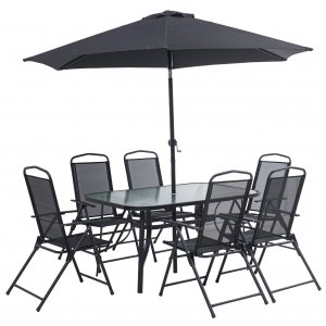 Komplett uteserveringssett med 6 stoler og parasoll