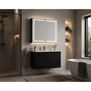 Baderomsm�bel 80 cm svart tre med LED-speilskap og keramisk vask
