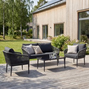 Molde salonggruppe med bord - Svart/grå rep + Flekkfjerner for møbler Molde salonggruppe med bord - Svart/grå rep + Flekkfjerner for møbler