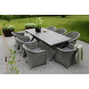 Oxford utendørs spisegruppe; grått bord 220 cm inkl. 6 stk. Mercury lenestoler i grå kunstrotting Oxford utendørs spisegruppe; grått bord 220 cm inkl. 6 stk. Mercury lenestoler i grå kunstrotting