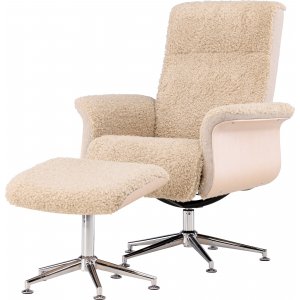 Lenestol med fotskammel Hag�n - beige teddy hvitvasket