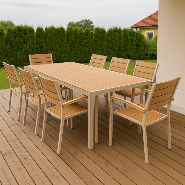 Utendrs spisegruppe - Las Vegas | Beige og aluminium | 8 lenestoler