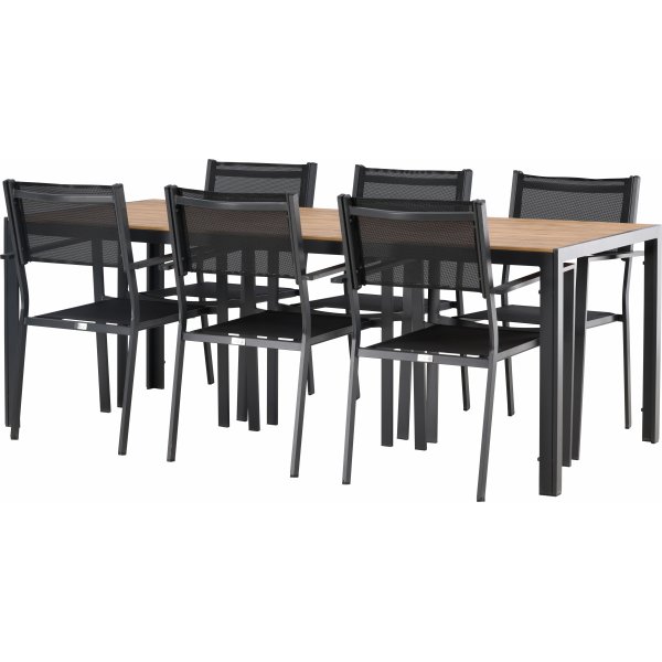 Matvaregruppen i Chania; 6 Copacabana-stoler med spisebord 205 x 90 cm - Svart/natur + Tekstilimpregnering for utembler