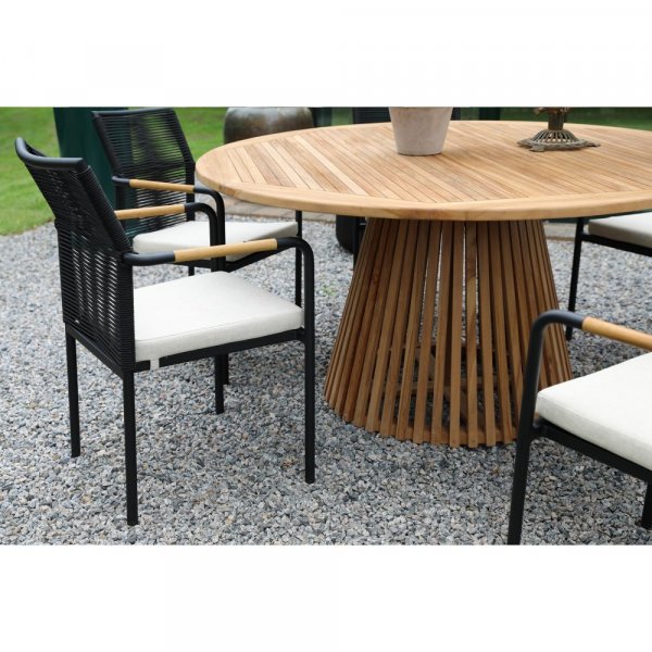 Saltö uteservering rundt bord Ø150 cm med 6 Skanör lenestoler - Teak/Sort + Tekstilimpregnering for utemøbler Saltö uteservering rundt bord Ø150 cm med 6 Skanör lenestoler - Teak/Sort + Tekstilimpregnering for utemøbler