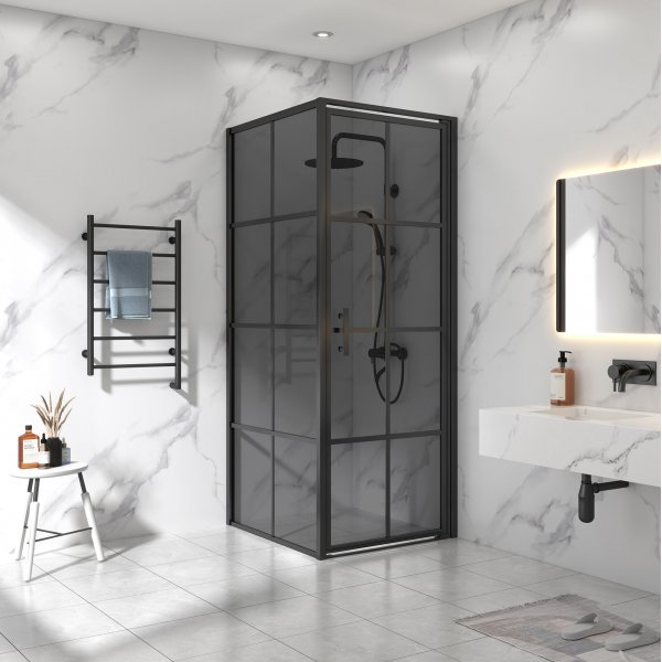 Dusjkabinett 9090200 cm - svarttonet glass og svart rist